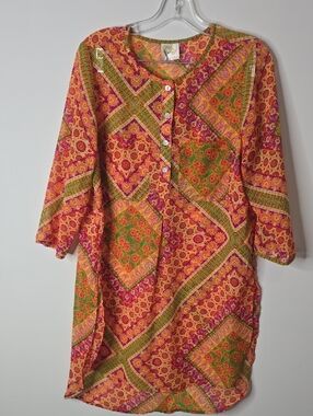Bohemian Pink & Orange Printed Button-Front Women's Tunic Top